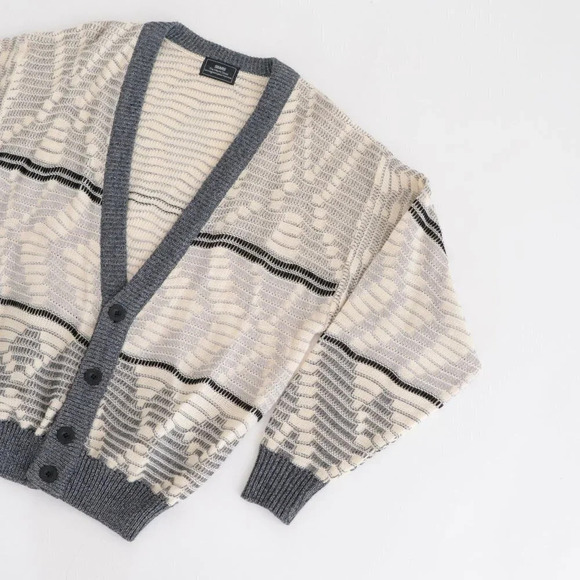 Vintage '90s Sears Wool Blend Cream and Grey Eclectic Grandpa Cardigan Sweater M - Picture 11 of 11